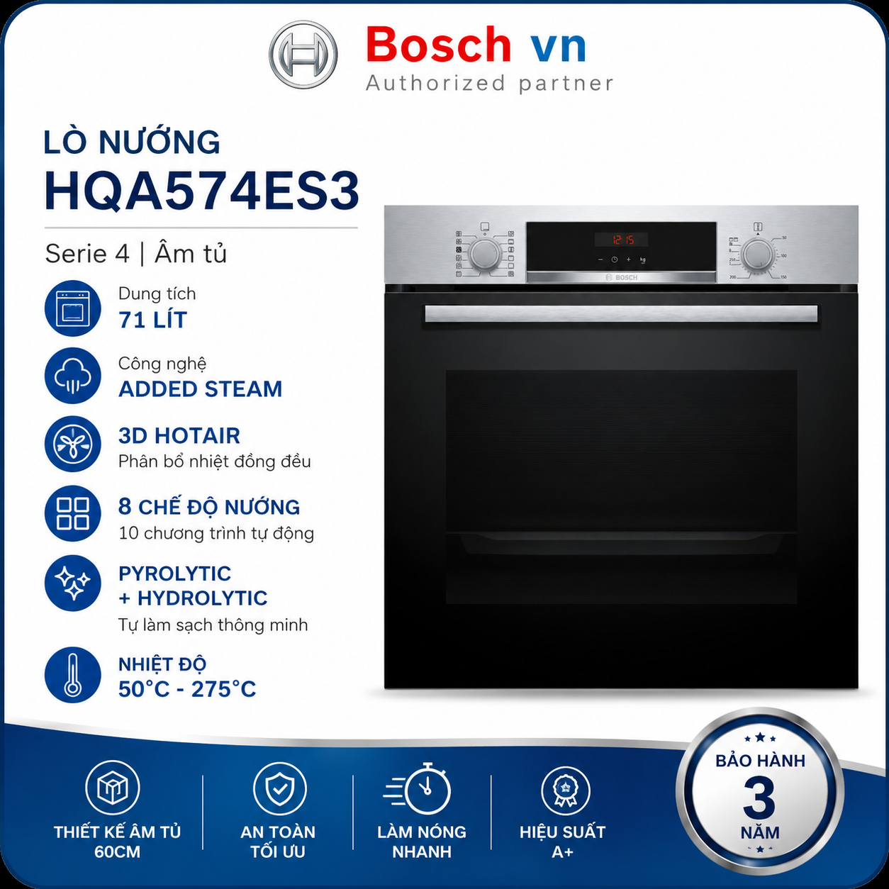 Lò nướng kết hợp hơi nước Bosch HQA574ES3 Serie 4 – 71L, 3D Hotair, Added Steam